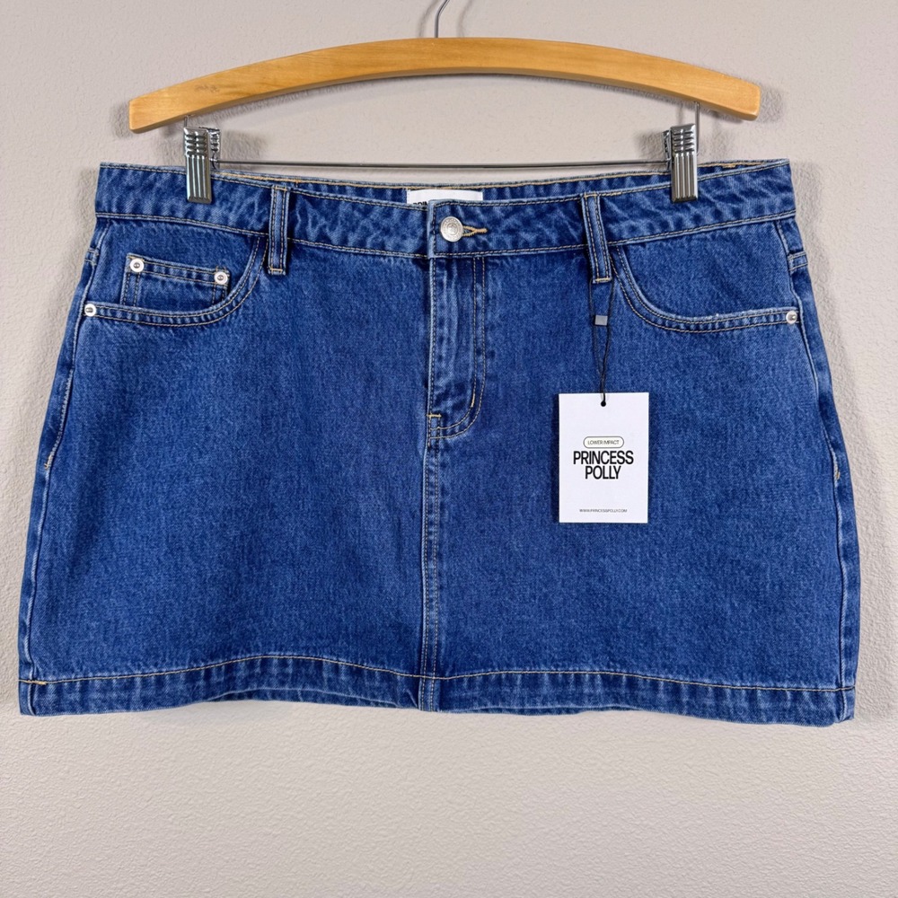 Princess Polly Y2K Denim Mini Skirt Mid Wash Blue Size 12 Lower Impact NWT